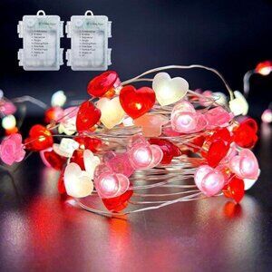 Valentines Day Decorations Lights 2 Pack Total 28FT 80LED Red Pink White Heart F